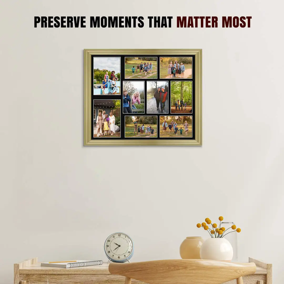 20x16" Gold Classic Multi Aperture Photo Frame Holds 7x5" (x2) & 6x4" (x7) Photos With Black Mount | Modern Collage Frame thumbnail 2