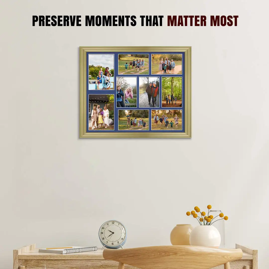 20x16" Gold Classic Multi Aperture Photo Frame Holds 7x5" (x2) & 6x4" (x7) Photos With Blue Mount | Modern Collage Frame thumbnail 2