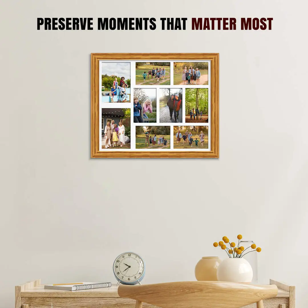 20x16" Oak Classic Multi Aperture Photo Frame Holds 7x5" (x2) & 6x4" (x7) Photos With Ice White Mount | Modern Collage Frame thumbnail 2