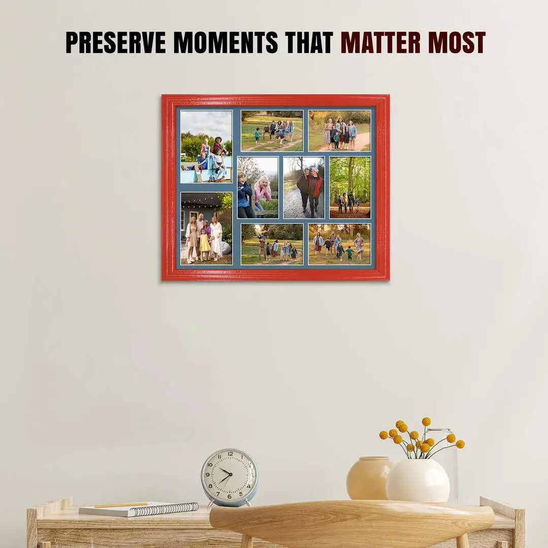 20x16" Red Classic Multi Aperture Photo Frame Holds 7x5" (x2) & 6x4" (x7) Photos With Pompador Mount | Modern Collage Frame thumbnail 2