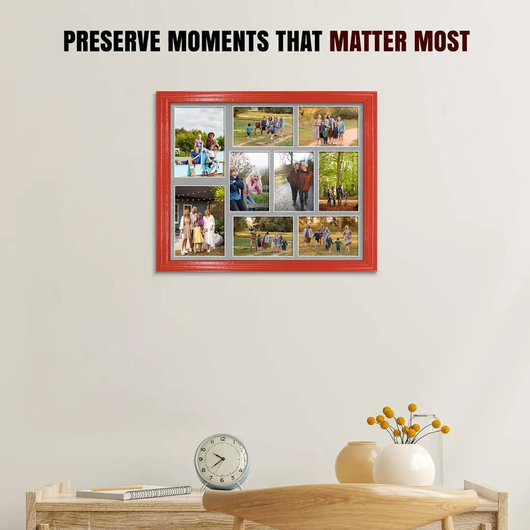 20x16" Red Classic Multi Aperture Photo Frame Holds 7x5" (x2) & 6x4" (x7) Photos With Silver Mount | Modern Collage Frame thumbnail 2