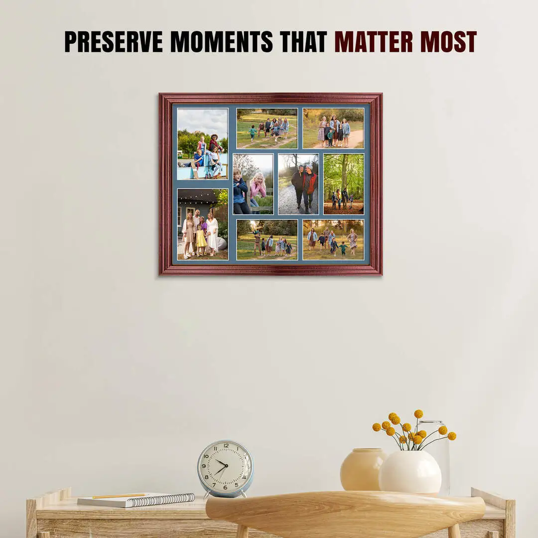 20x16" Rose Wood Classic Multi Aperture Photo Frame Holds 7x5" (x2) & 6x4" (x7) Photos With Pompador Mount | Modern Collage Frame thumbnail 2