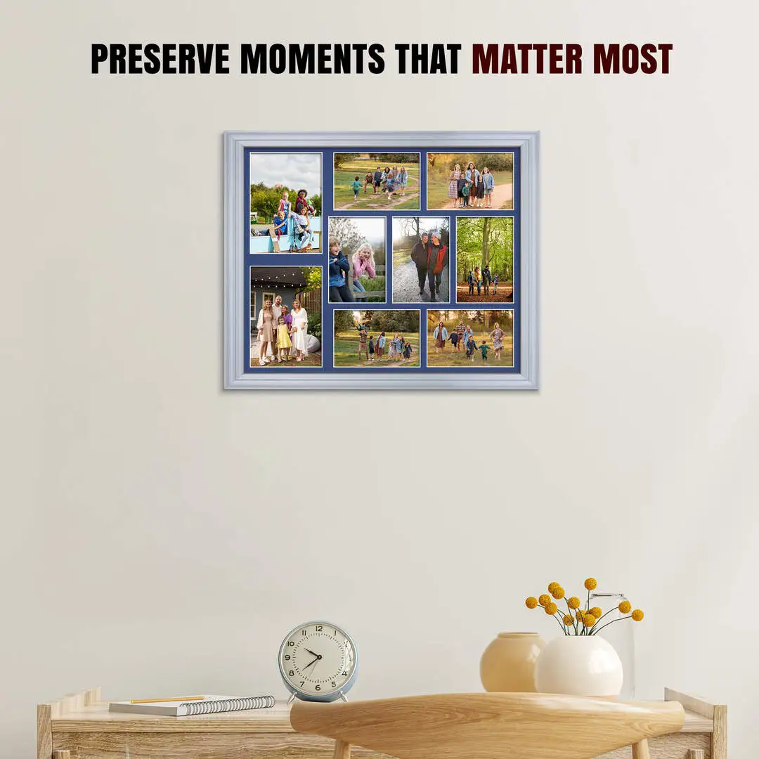 20x16" Silver Classic Multi Aperture Photo Frame Holds 7x5" (x2) & 6x4" (x7) Photos With Blue Mount | Modern Collage Frame thumbnail 2