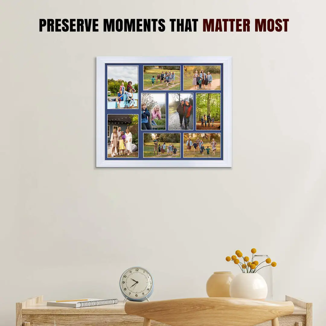 20x16" White Classic Multi Aperture Photo Frame Holds 7x5" (x2) & 6x4" (x7) Photos With Blue Mount | Modern Collage Frame thumbnail 2