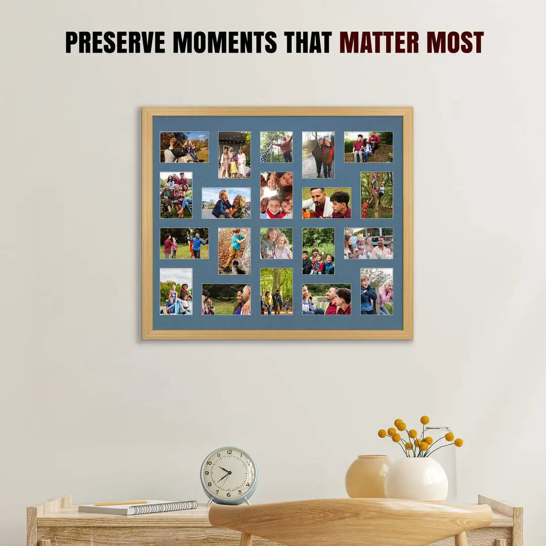80x70cm Country Pine Classic Multi Aperture Photo Frame Holds 6x4" (x18) & 4x4" (x2) Photos With Pompador Mount | Modern Collage Frame thumbnail 2