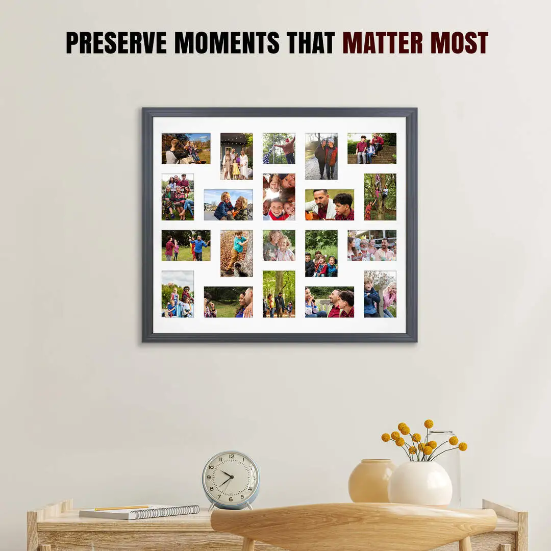 80x70cm Dark Grey Classic Multi Aperture Photo Frame Holds 6x4" (x18) & 4x4" (x2) Photos With Ice White Mount | Modern Collage Frame thumbnail 2