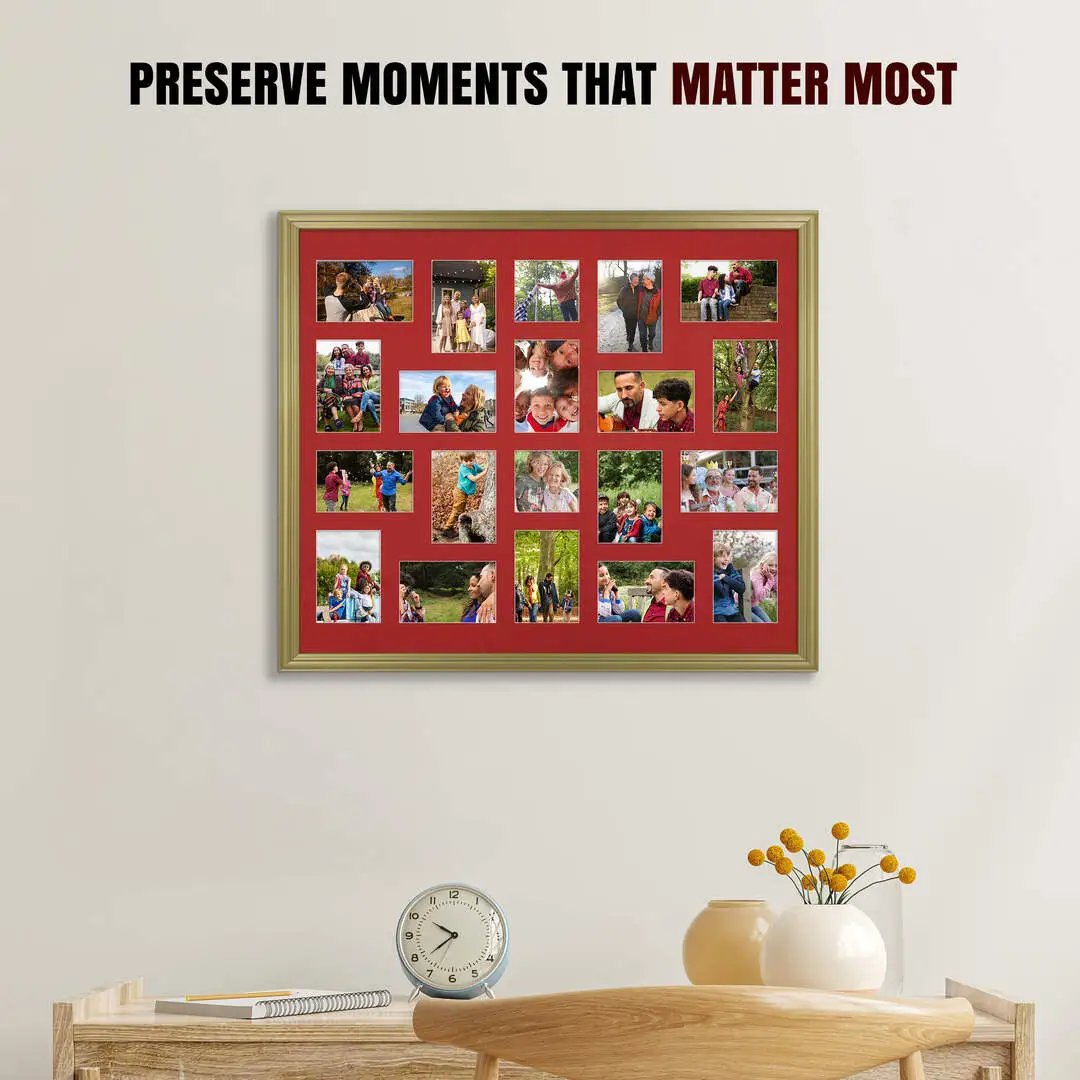 80x70cm Gold Classic Multi Aperture Photo Frame Holds 6x4" (x18) & 4x4" (x2) Photos With Crimson Mount | Modern Collage Frame thumbnail 2