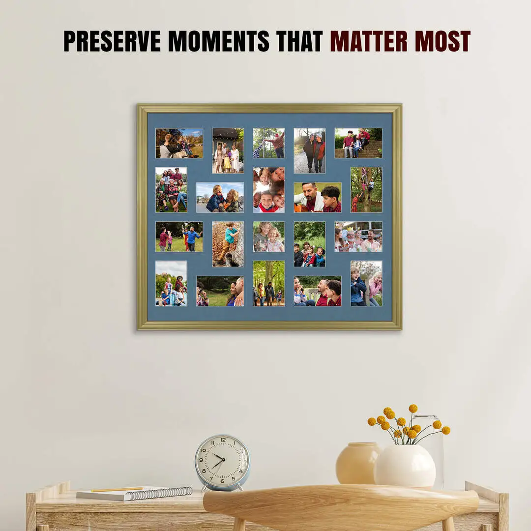 80x70cm Gold Classic Multi Aperture Photo Frame Holds 6x4" (x18) & 4x4" (x2) Photos With Pompador Mount | Modern Collage Frame thumbnail 2