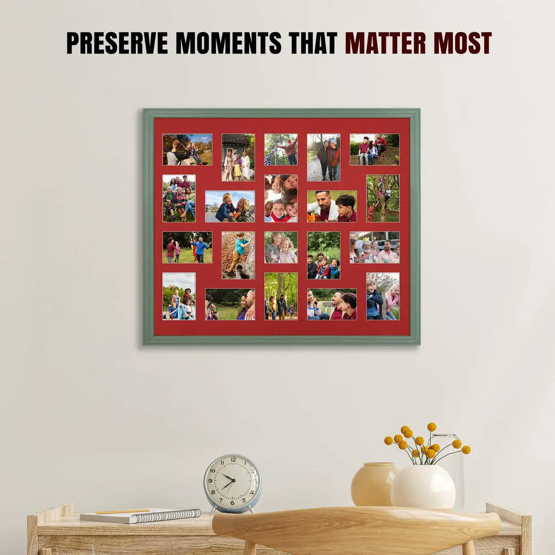 80x70cm Green Classic Multi Aperture Photo Frame Holds 6x4" (x18) & 4x4" (x2) Photos With Crimson Mount | Modern Collage Frame thumbnail 2