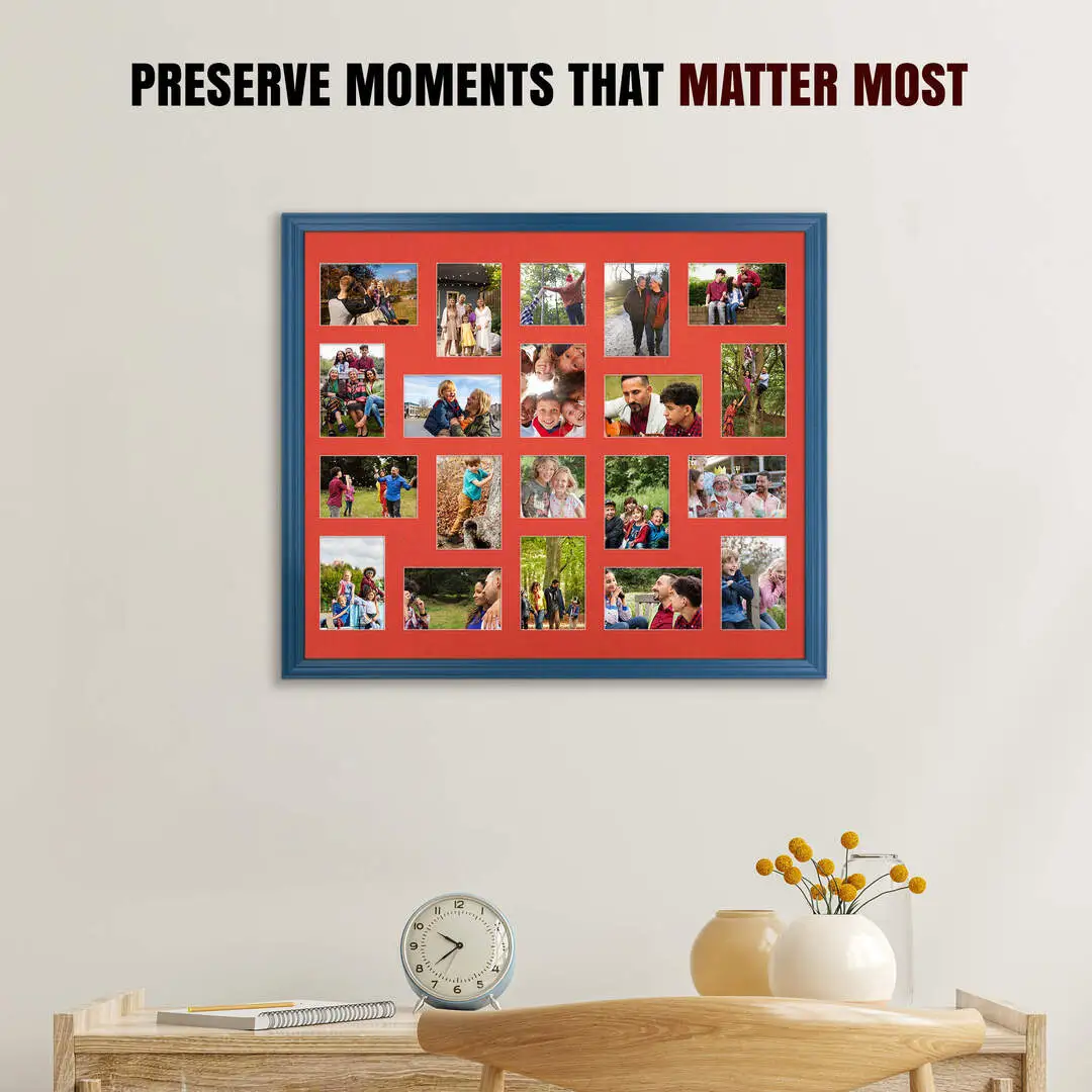 80x70cm Navy Blue Classic Multi Aperture Photo Frame Holds 6x4" (x18) & 4x4" (x2) Photos With Poppy Red Mount | Modern Collage Frame thumbnail 2