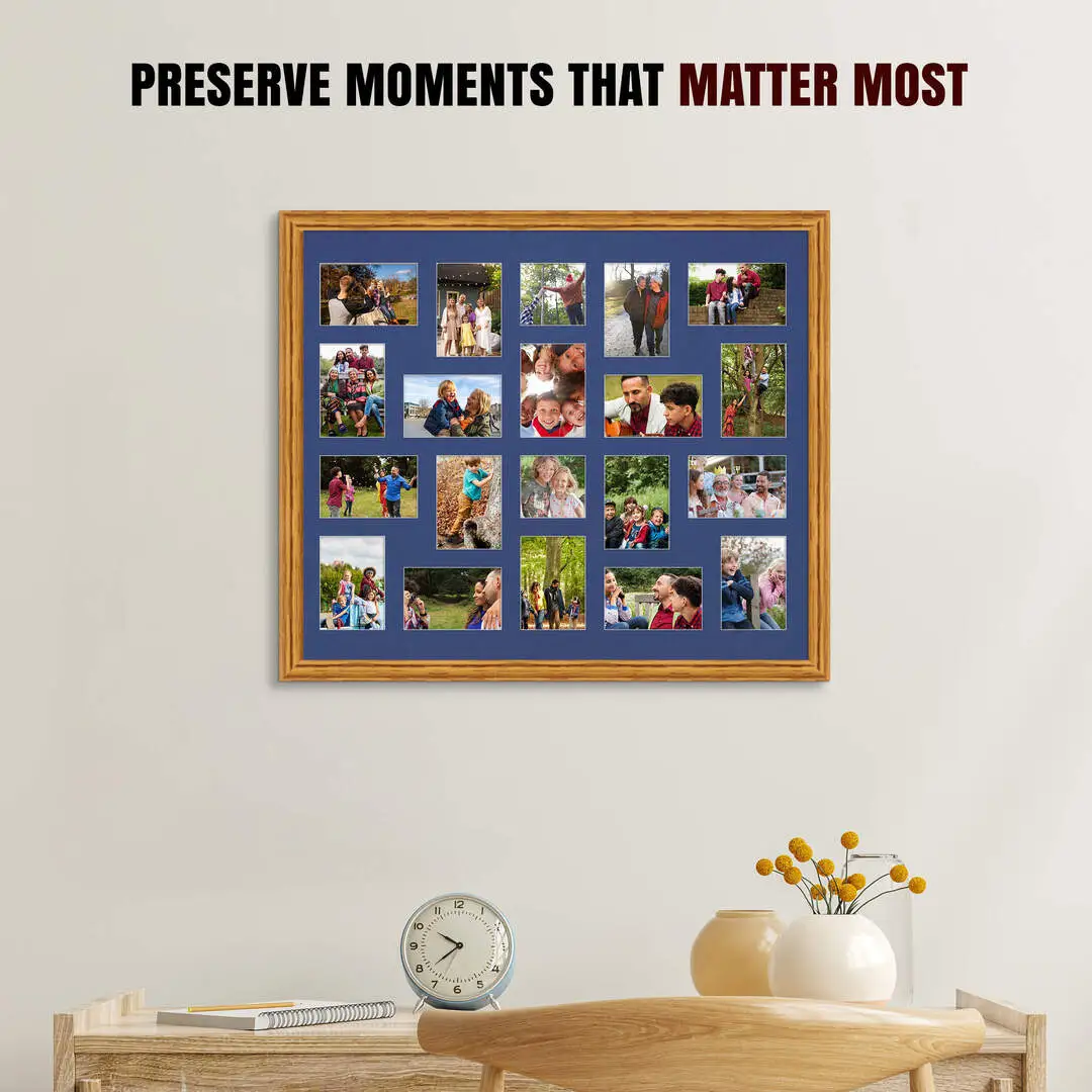 80x70cm Oak Classic Multi Aperture Photo Frame - Fits 6x4" (x18) & 4x4" (x2) Photos | Collage Frame thumbnail 2