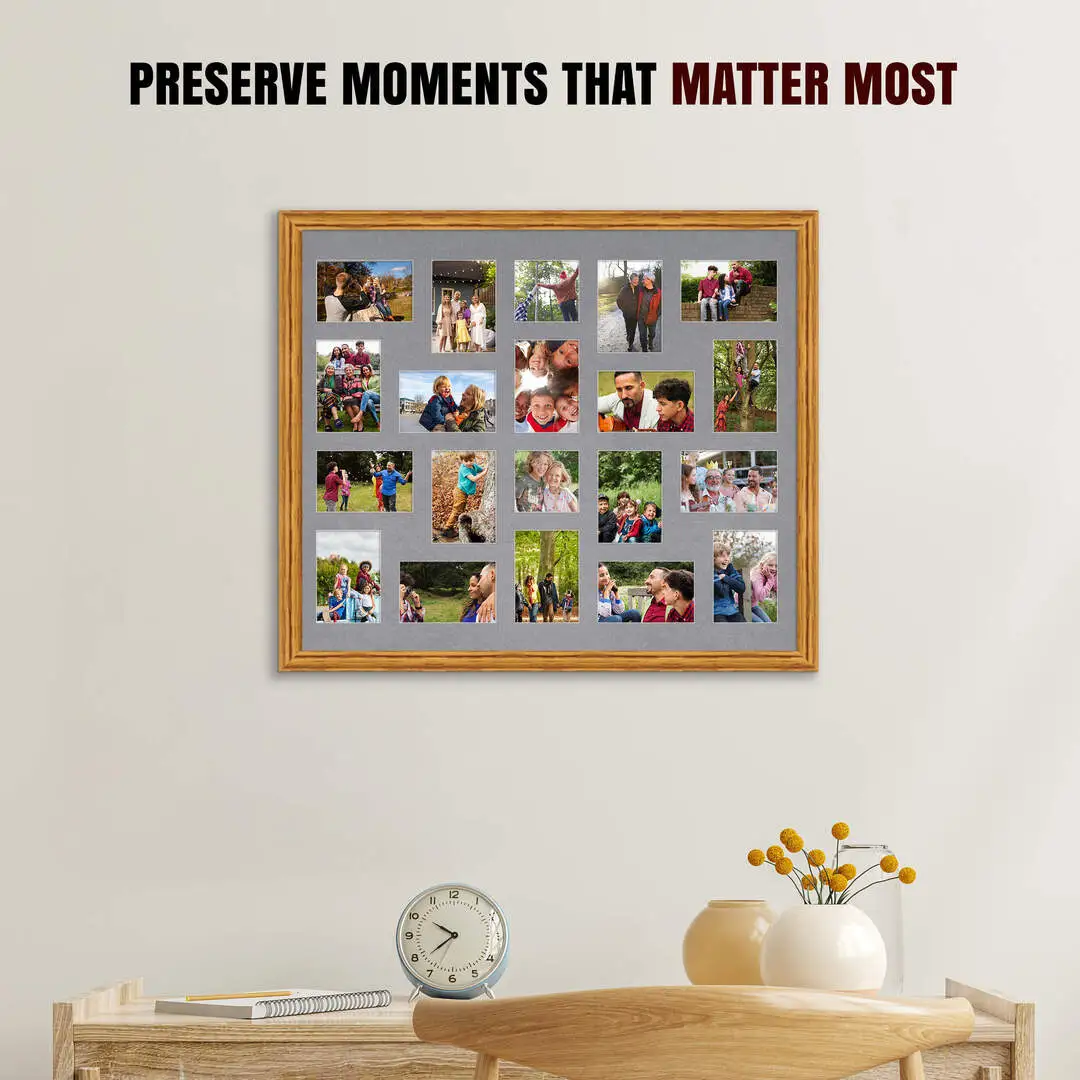 80x70cm Oak Classic Multi Aperture Photo Frame Holds 6x4" (x18) & 4x4" (x2) Photos With Mid Grey Mount | Modern Collage Frame thumbnail 2