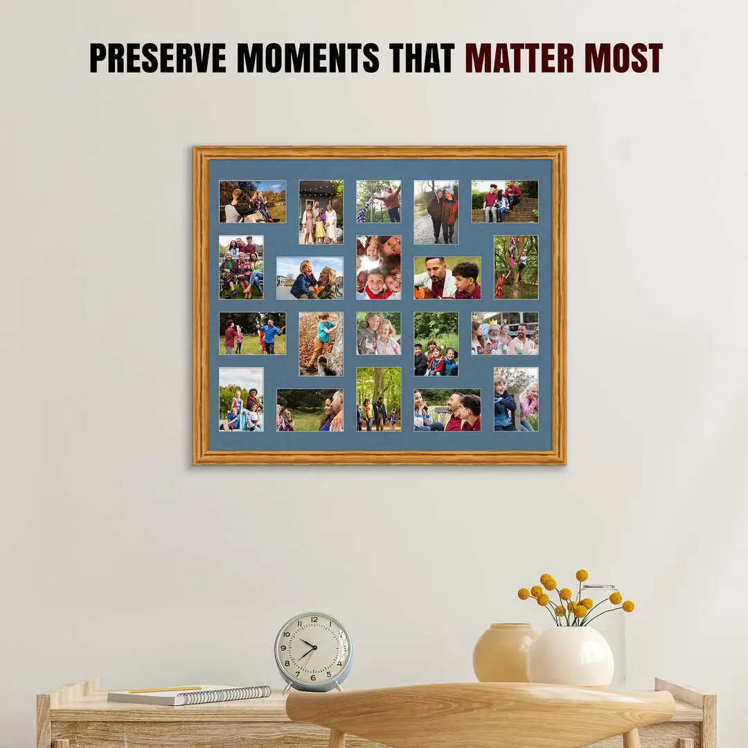 80x70cm Oak Classic Multi Aperture Photo Frame Holds 6x4" (x18) & 4x4" (x2) Photos With Pompador Mount | Modern Collage Frame thumbnail 2