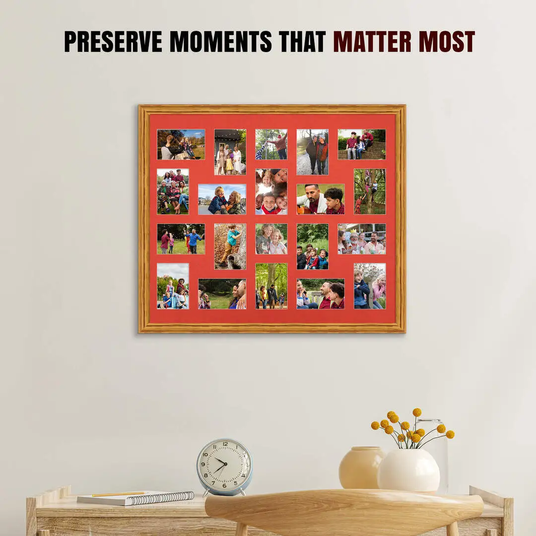 80x70cm Oak Classic Multi Aperture Photo Frame - Fits 6x4" (x18) & 4x4" (x2) Photos | Collage Frame thumbnail 2