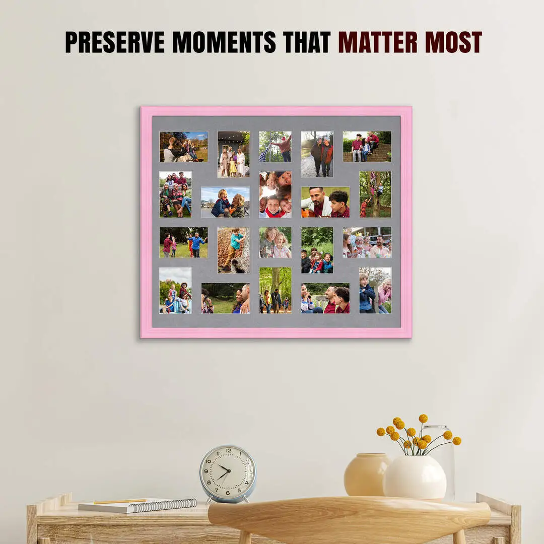80x70cm Pastel Pink Classic Multi Aperture Photo Frame Holds 6x4" (x18) & 4x4" (x2) Photos With Mid Grey Mount | Modern Collage Frame thumbnail 2