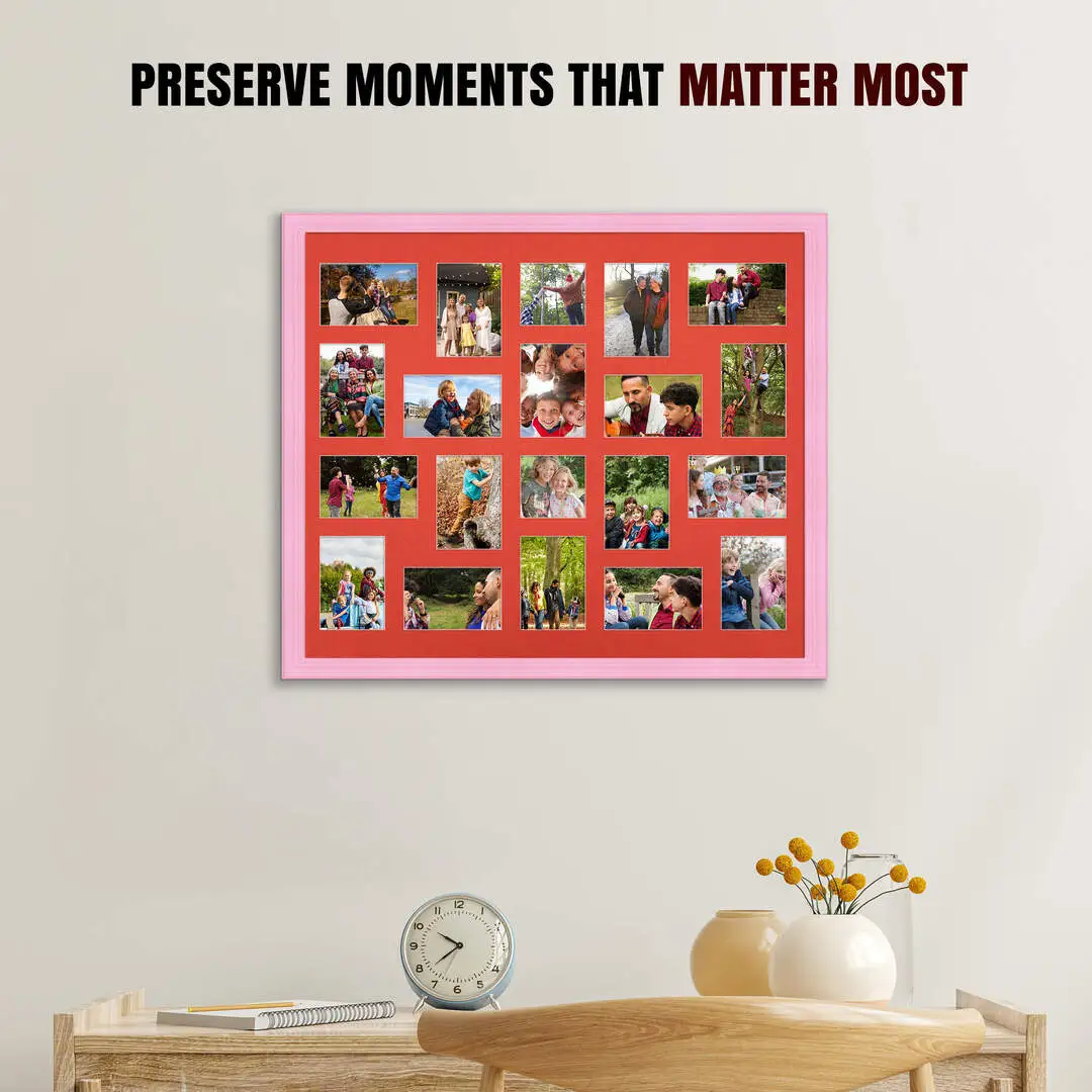 80x70cm Pastel Pink Classic Multi Aperture Photo Frame Holds 6x4" (x18) & 4x4" (x2) Photos With Poppy Red Mount | Modern Collage Frame thumbnail 2