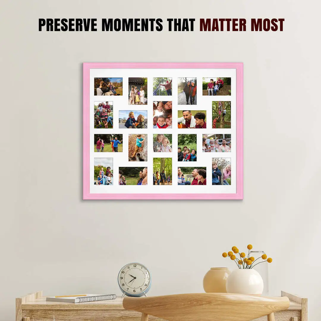 80x70cm Pastel Pink Classic Multi Aperture Photo Frame Holds 6x4" (x18) & 4x4" (x2) Photos With Ice White Mount | Modern Collage Frame thumbnail 2