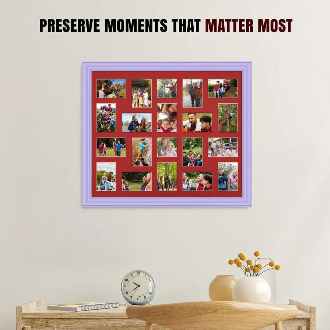 80x70cm Purple Classic Multi Aperture Photo Frame Holds 6x4" (x18) & 4x4" (x2) Photos With Crimson Mount | Modern Collage Frame thumbnail 2