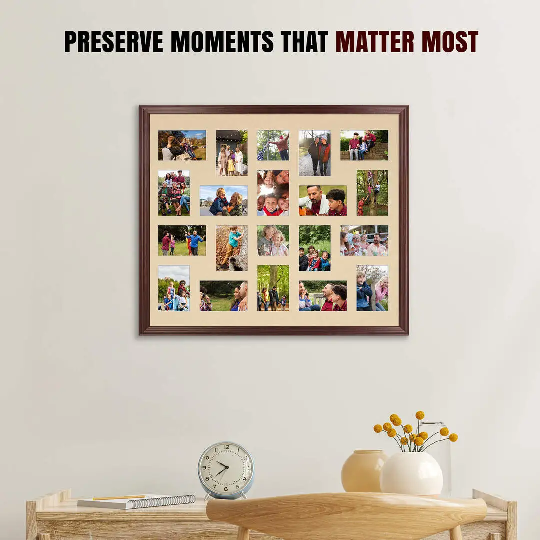 80x70cm Rose Wood Classic Multi Aperture Photo Frame Holds 6x4" (x18) & 4x4" (x2) Photos With Ivory Mount | Modern Collage Frame thumbnail 2