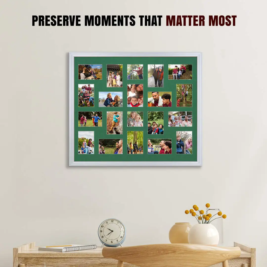 80x70cm Silver Classic Multi Aperture Photo Frame Holds 6x4" (x18) & 4x4" (x2) Photos With Emerald (Green) Mount | Modern Collage Frame thumbnail 2