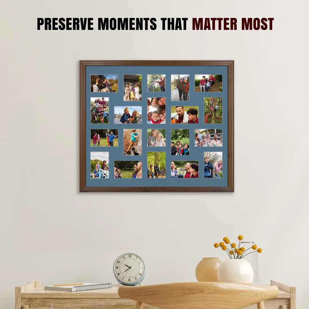 80x70cm Walnut Classic Multi Aperture Photo Frame Holds 6x4" (x18) & 4x4" (x2) Photos With Pompador Mount | Modern Collage Frame thumbnail 2