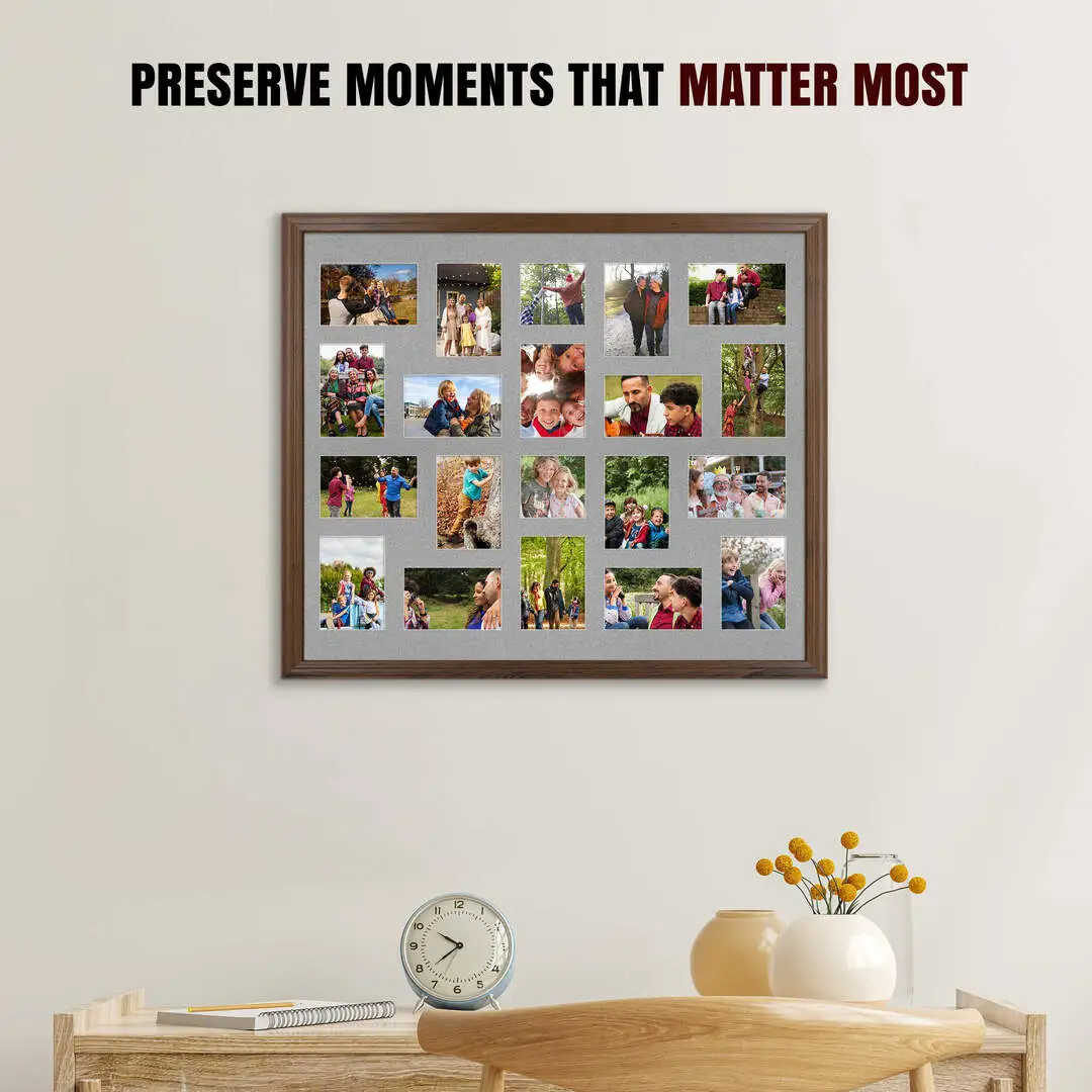 80x70cm Walnut Classic Multi Aperture Photo Frame Holds 6x4" (x18) & 4x4" (x2) Photos With Silver Mount | Modern Collage Frame thumbnail 2