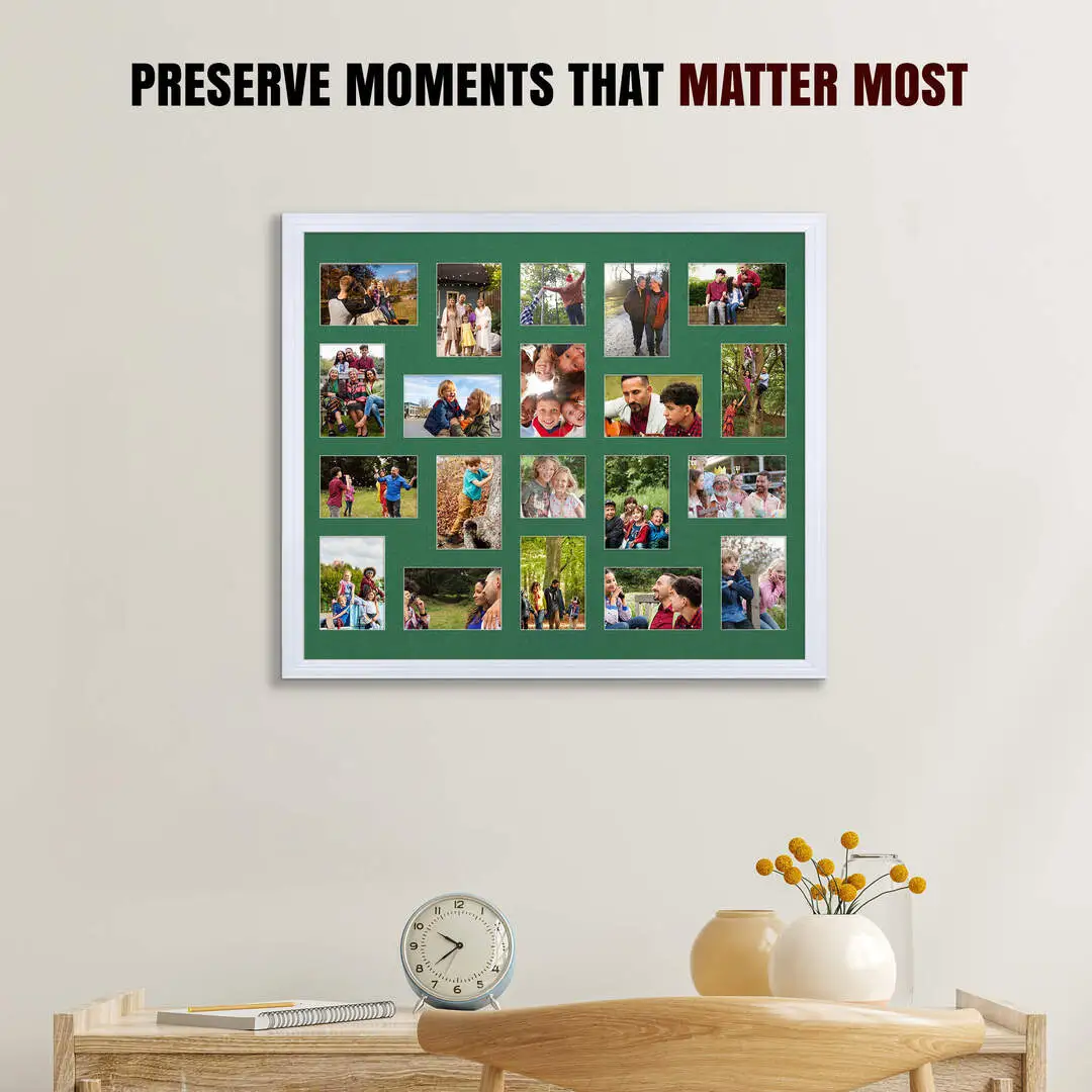 80x70cm White Classic Multi Aperture Photo Frame Holds 6x4" (x18) & 4x4" (x2) Photos With Emerald (Green) Mount | Modern Collage Frame thumbnail 2