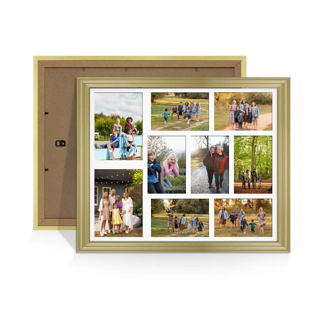 20x16" Gold Modern Multi Aperture Photo Frame Holds 7x5" (x2) & 6x4" (x7) Photos With Ice White Mount | Modern Collage Frame
