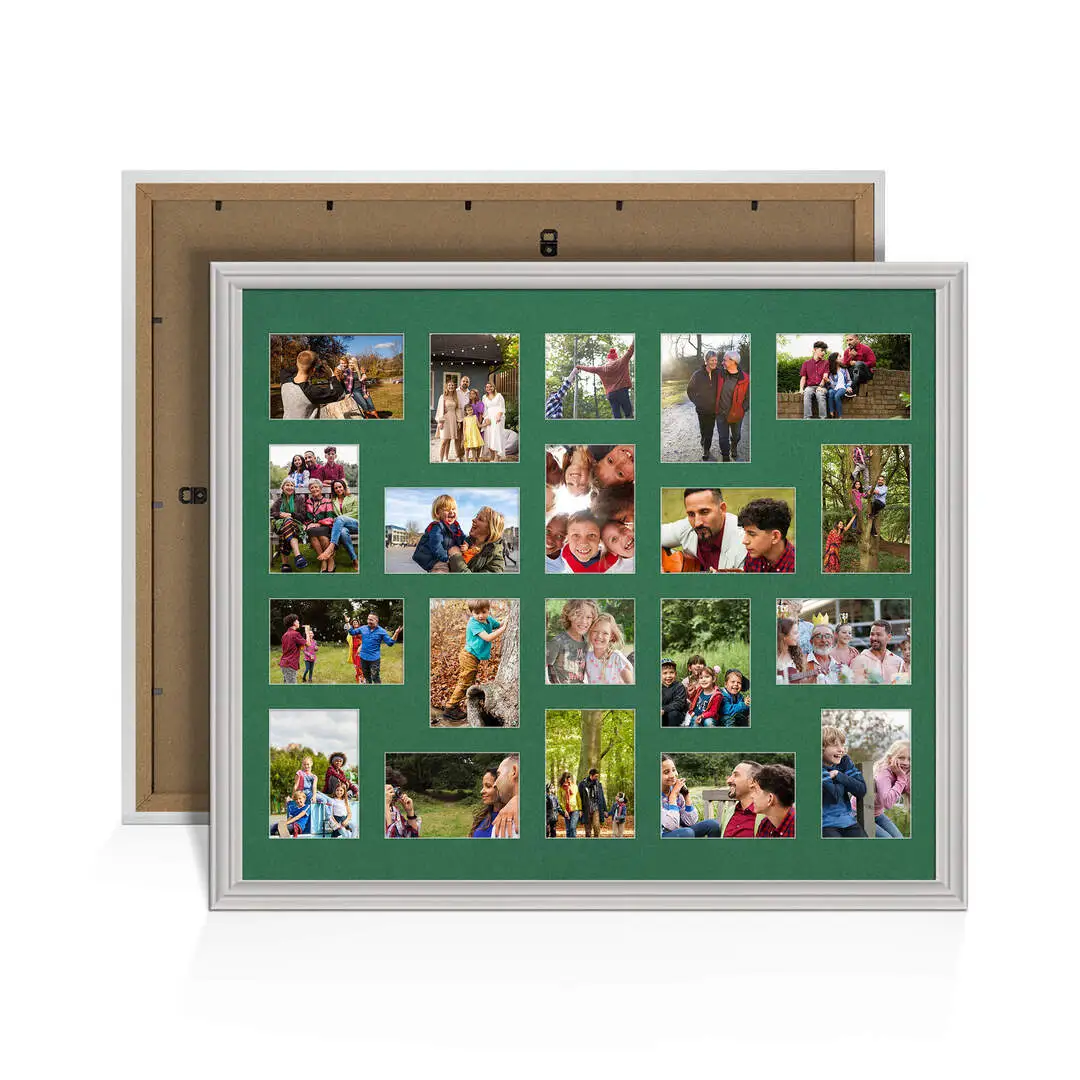 80x70cm Light Grey Modern Multi Aperture Photo Frame Holds 6x4" (x18) & 4x4" (x2) Photos With Emerald (Green) Mount | Modern Collage Frame