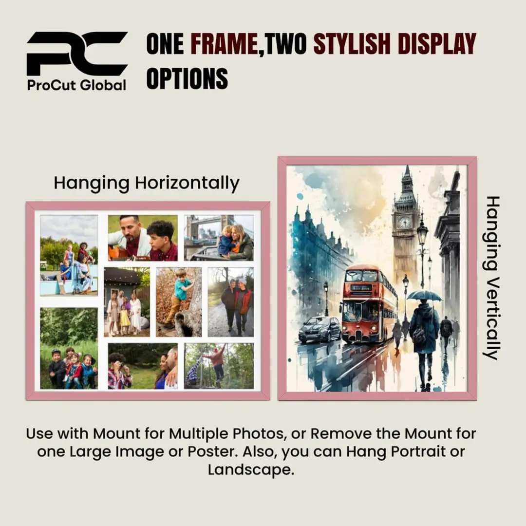 20x16" Sleek Pastel Pink Multi Aperture Photo Frame - Fits 7x5" (x2) & 6x4" (x7) Photos | Collage Frame thumbnail 4