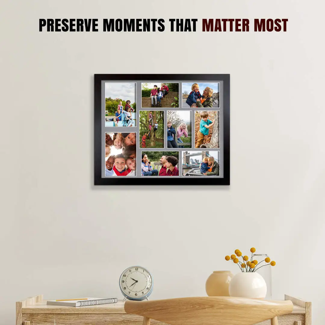 20x16" Black Sleek Multi Aperture Photo Frame Holds 7x5" (x2) & 6x4" (x7) Photos With Mid Grey Mount | Modern Collage Frame thumbnail 2