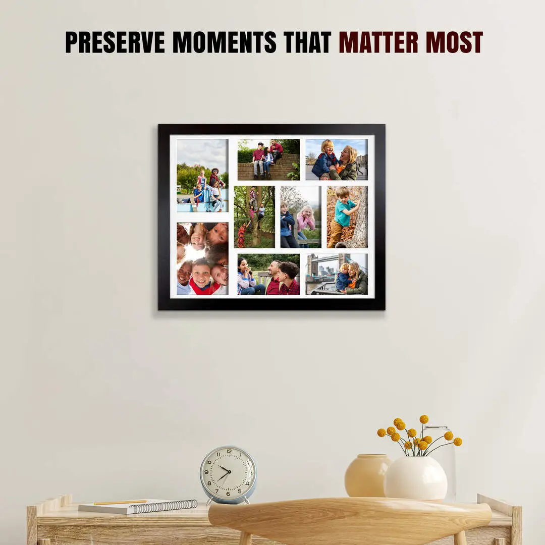 20x16" Black Sleek Multi Aperture Photo Frame Holds 7x5" (x2) & 6x4" (x7) Photos With Ice White Mount | Modern Collage Frame thumbnail 2