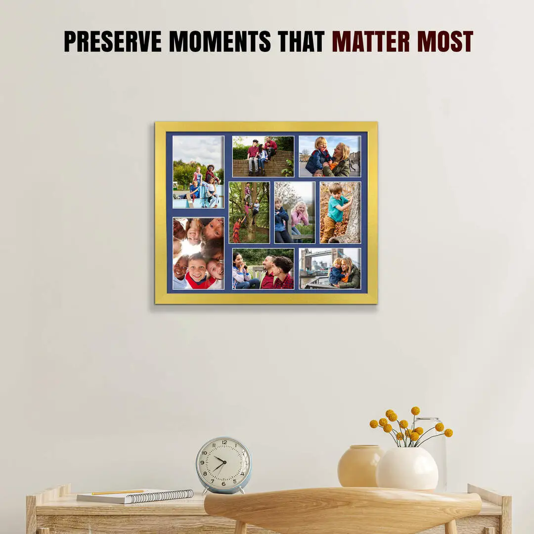 20x16" Gold Sleek Multi Aperture Photo Frame Holds 7x5" (x2) & 6x4" (x7) Photos With Blue Mount | Modern Collage Frame thumbnail 2
