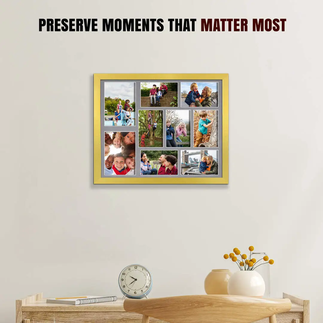 20x16" Sleek Gold Multi Aperture Photo Frame - Fits 7x5" (x2) & 6x4" (x7) Photos | Collage Frame thumbnail 2