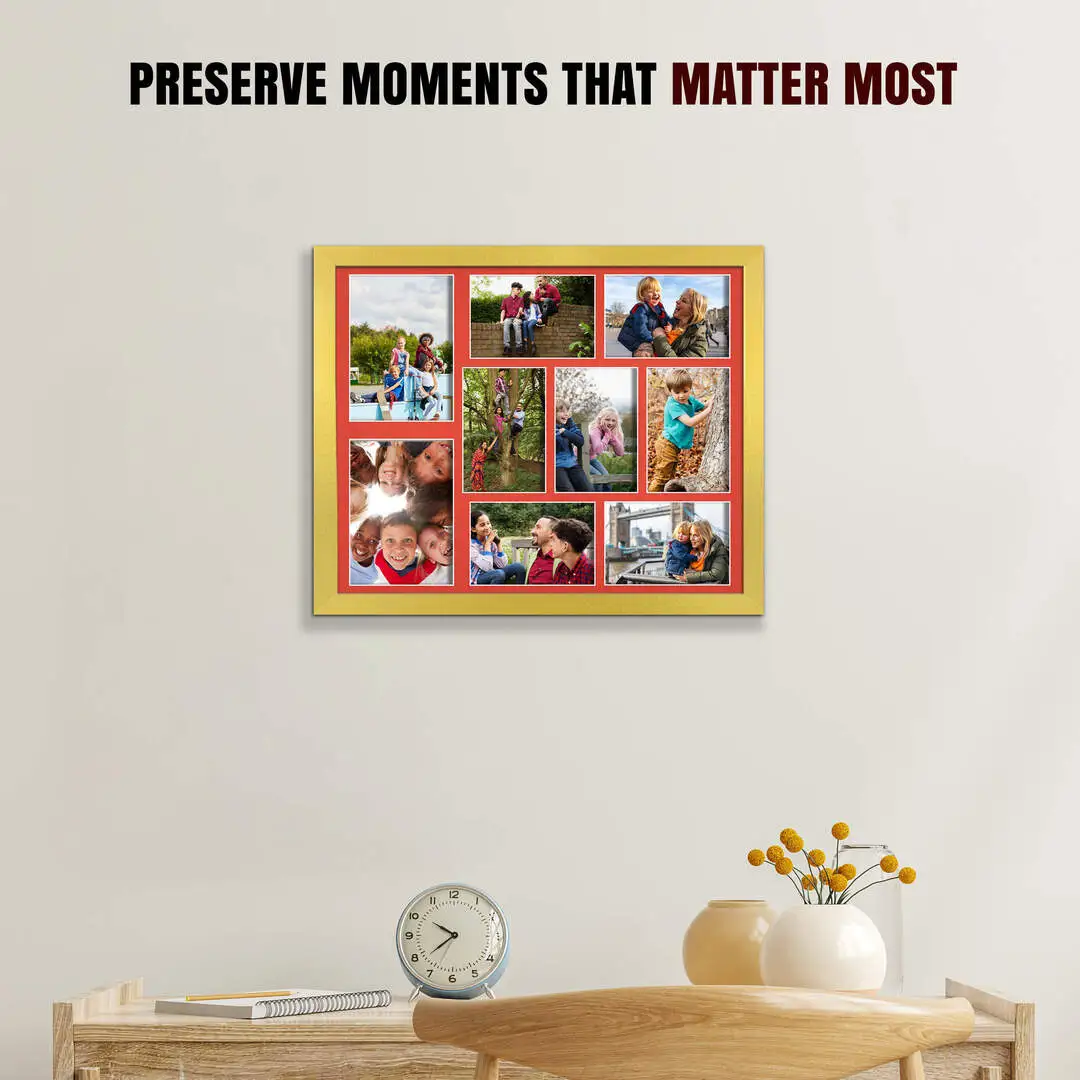 20x16" Gold Sleek Multi Aperture Photo Frame Holds 7x5" (x2) & 6x4" (x7) Photos With Poppy Red Mount | Modern Collage Frame thumbnail 2