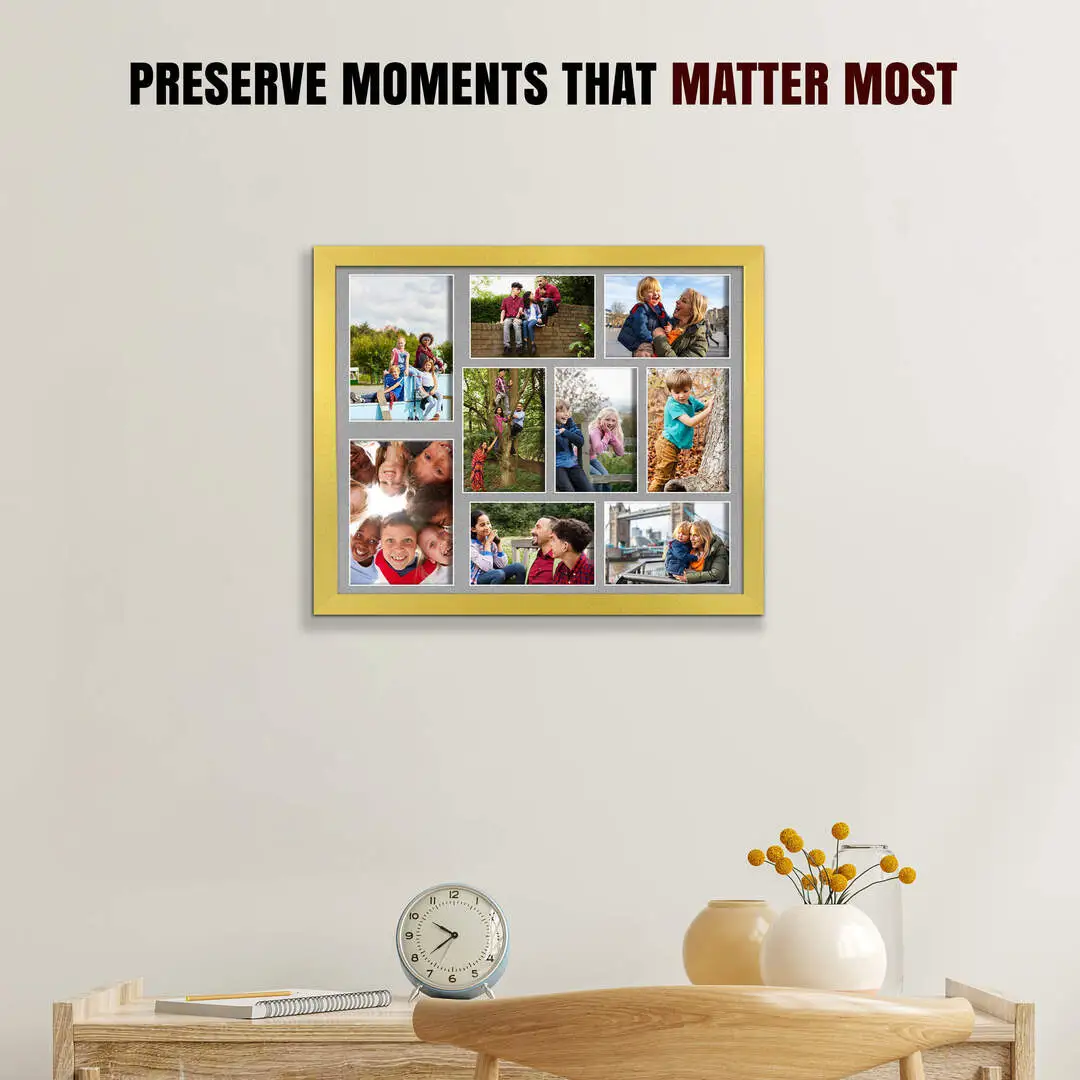 20x16" Gold Sleek Multi Aperture Photo Frame Holds 7x5" (x2) & 6x4" (x7) Photos With Silver Mount | Modern Collage Frame thumbnail 2
