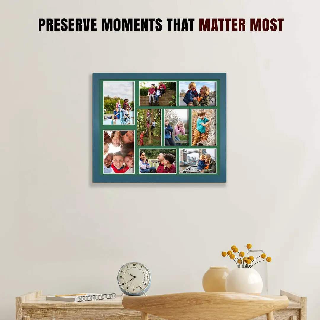 20x16" Navy Blue Sleek Multi Aperture Photo Frame Holds 7x5" (x2) & 6x4" (x7) Photos With Emerald (Green) Mount | Modern Collage Frame thumbnail 2