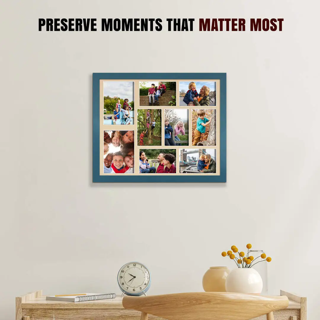 20x16" Navy Blue Sleek Multi Aperture Photo Frame Holds 7x5" (x2) & 6x4" (x7) Photos With Ivory Mount | Modern Collage Frame thumbnail 2