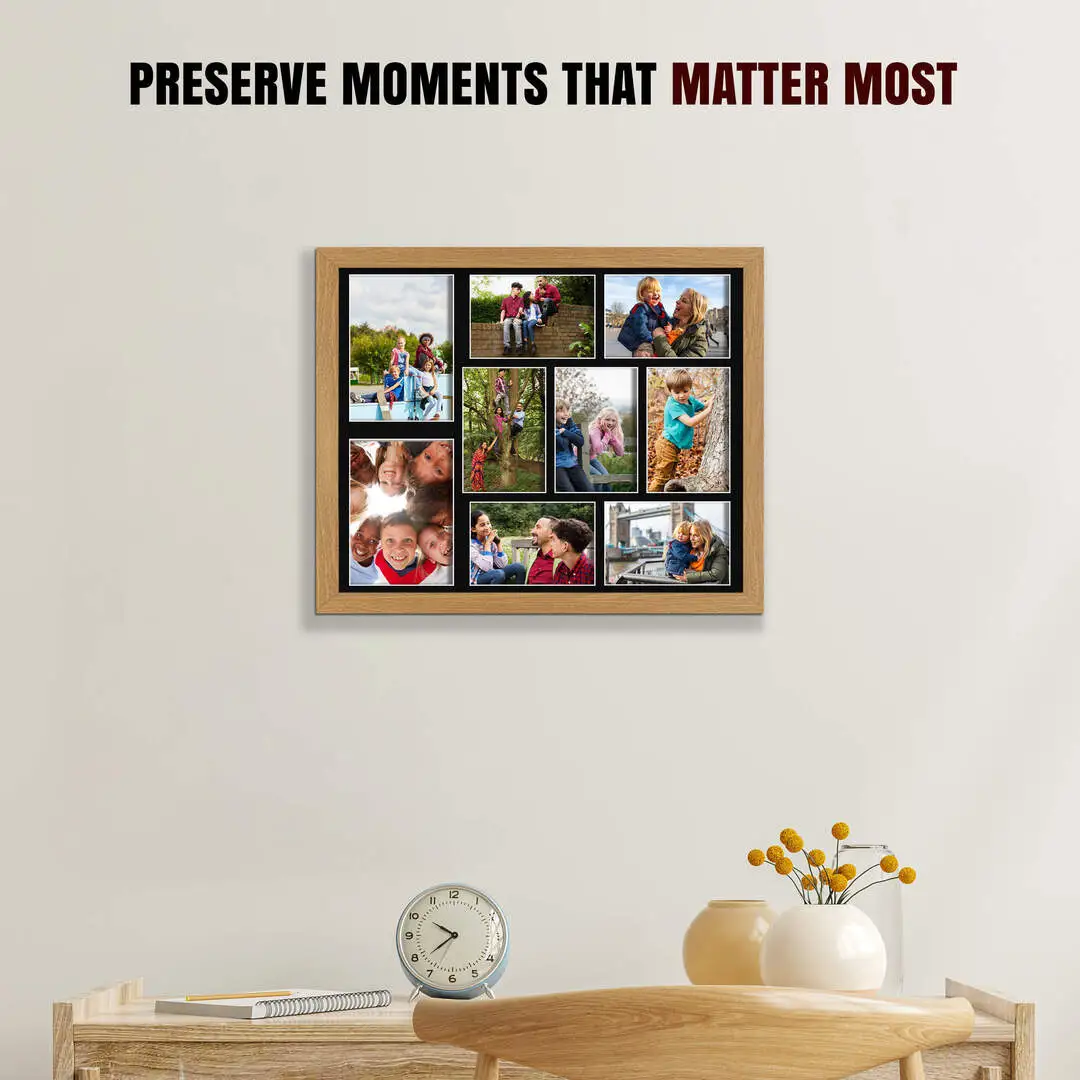 20x16" Oak Sleek Multi Aperture Photo Frame Holds 7x5" (x2) & 6x4" (x7) Photos With Black Mount | Modern Collage Frame thumbnail 2