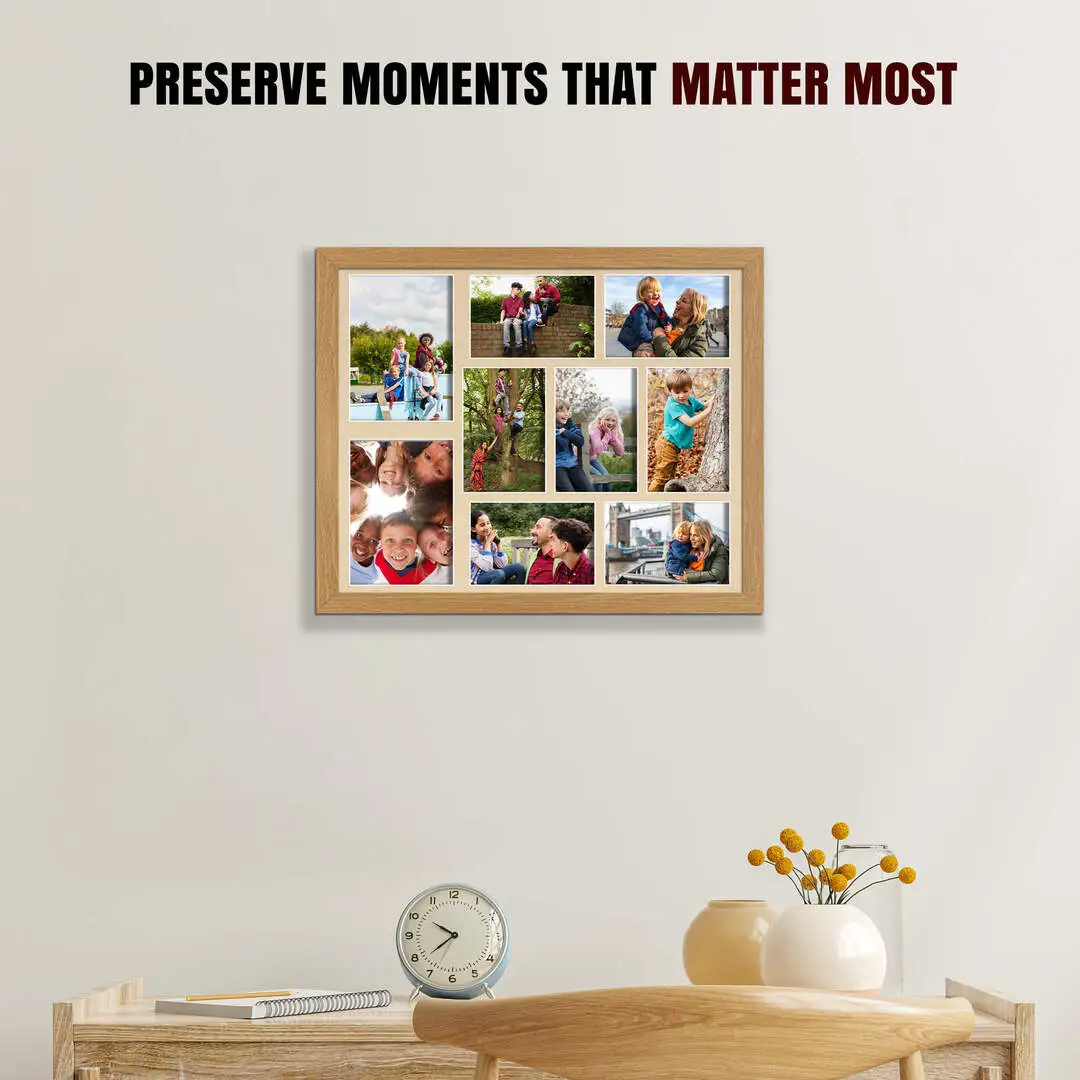 20x16" Oak Sleek Multi Aperture Photo Frame - Fits 7x5" (x2) & 6x4" (x7) Photos | Collage Frame thumbnail 2