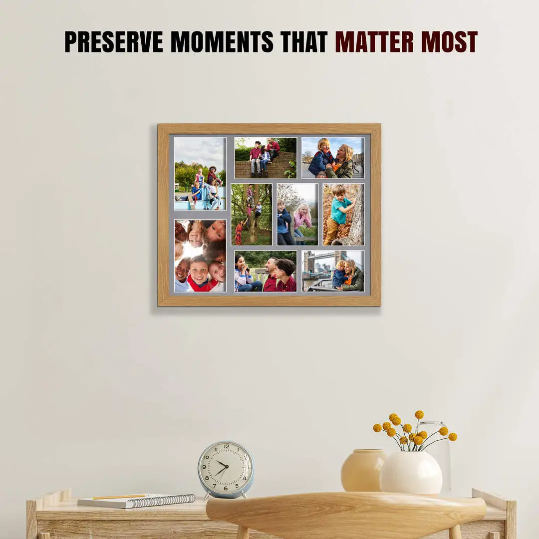 20x16" Sleek Oak Multi Aperture Photo Frame - Fits 7x5" (x2) & 6x4" (x7) Photos | Collage Frame thumbnail 2
