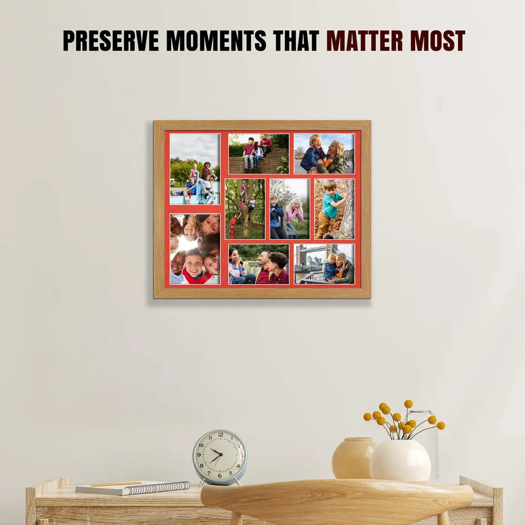 20x16" Oak Sleek Multi Aperture Photo Frame Holds 7x5" (x2) & 6x4" (x7) Photos With Poppy Red Mount | Modern Collage Frame thumbnail 2