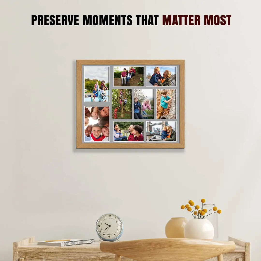 20x16" Sleek Oak Multi Aperture Photo Frame - Fits 7x5" (x2) & 6x4" (x7) Photos | Collage Frame thumbnail 2