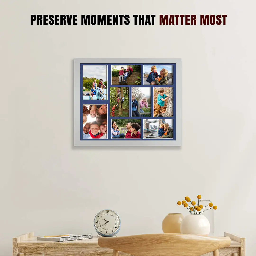 20x16" Silver Sleek Multi Aperture Photo Frame Holds 7x5" (x2) & 6x4" (x7) Photos With Blue Mount | Modern Collage Frame thumbnail 2