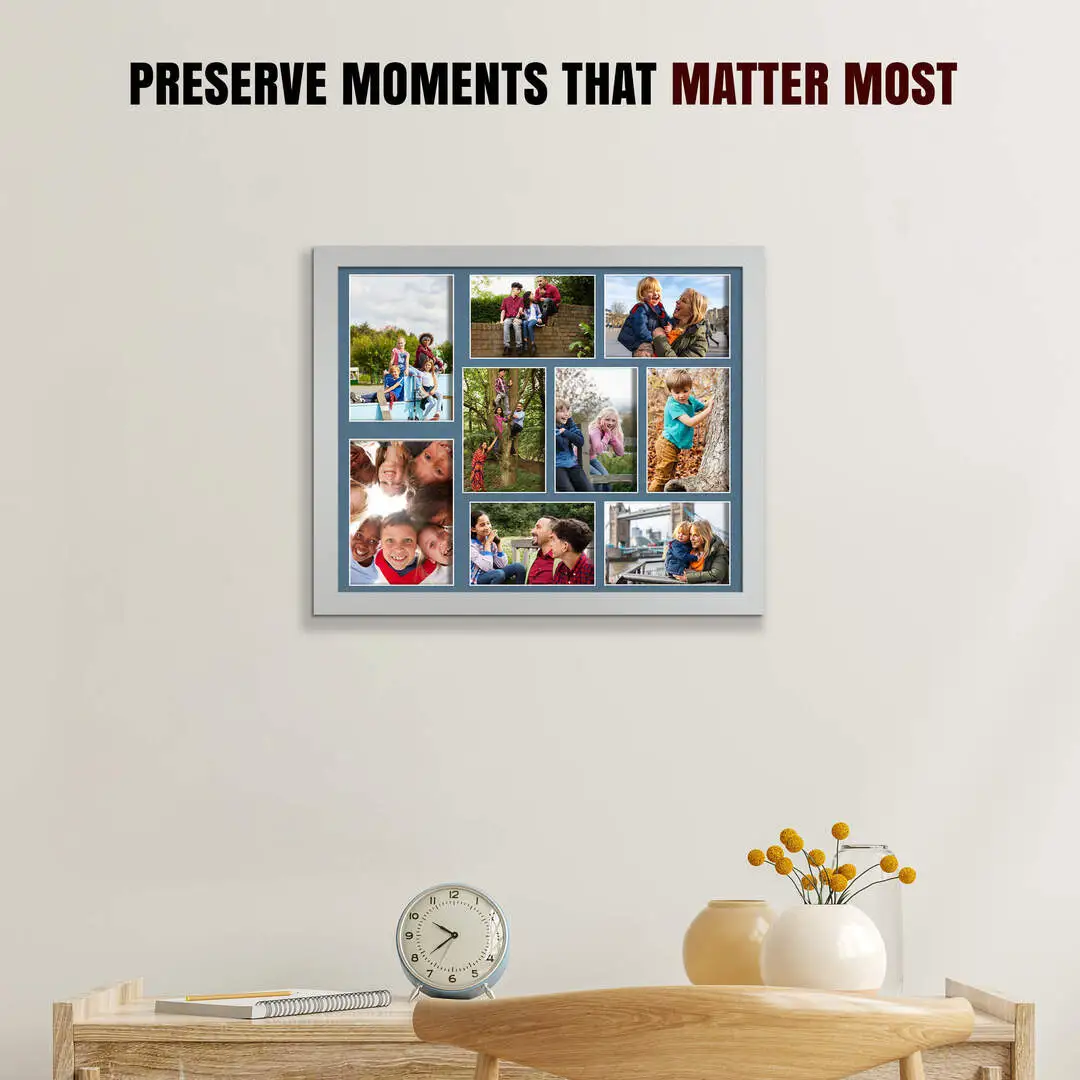 20x16" Silver Sleek Multi Aperture Photo Frame Holds 7x5" (x2) & 6x4" (x7) Photos With Pompador Mount | Modern Collage Frame thumbnail 2