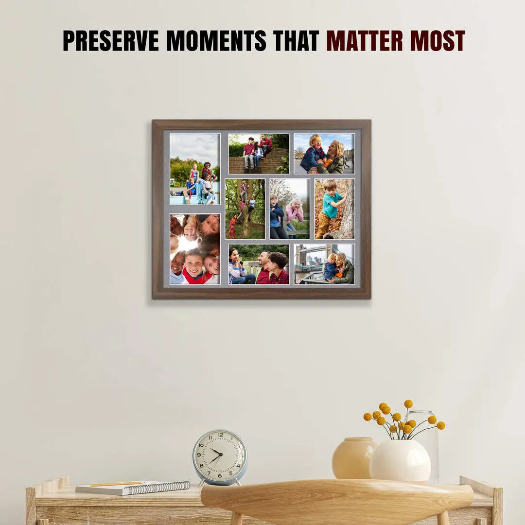 20x16" Walnut Sleek Multi Aperture Photo Frame - Fits 7x5" (x2) & 6x4" (x7) Photos | Collage Frame thumbnail 2
