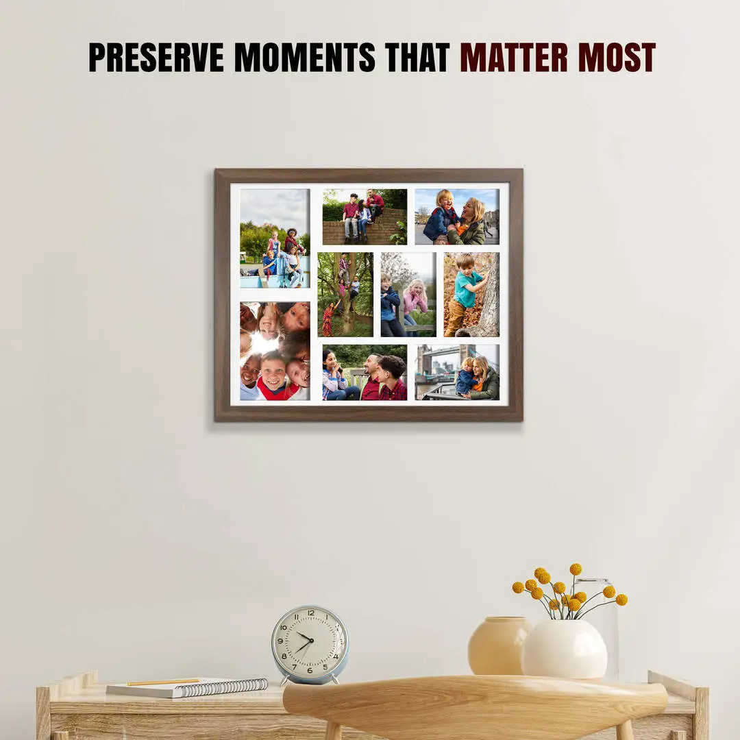 20x16" Walnut Sleek Multi Aperture Photo Frame Holds 7x5" (x2) & 6x4" (x7) Photos With Ice White Mount | Modern Collage Frame thumbnail 2