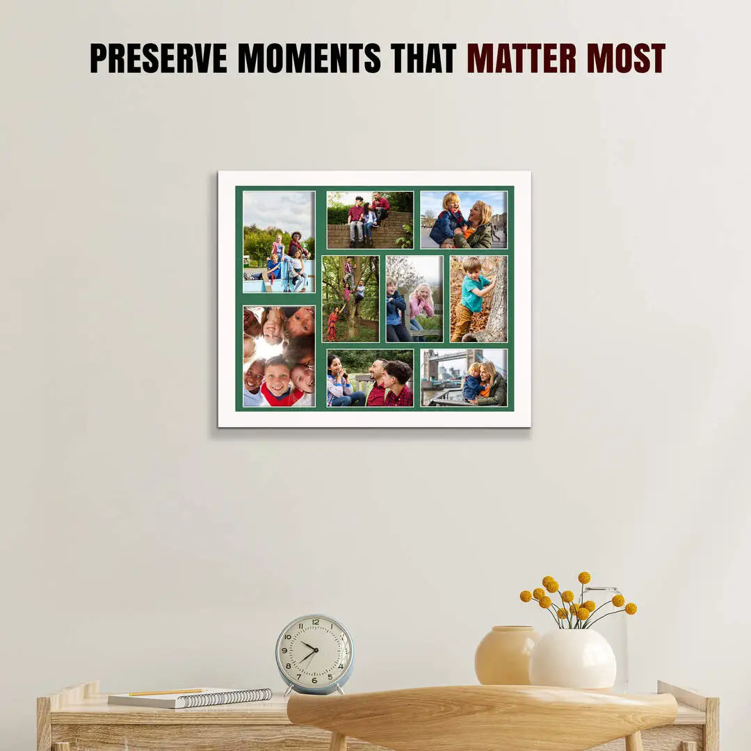 20x16" White Sleek Multi Aperture Photo Frame Holds 7x5" (x2) & 6x4" (x7) Photos With Emerald (Green) Mount | Modern Collage Frame thumbnail 2
