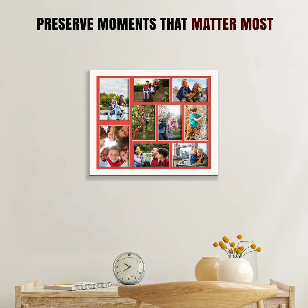 20x16" White Sleek Multi Aperture Photo Frame Holds 7x5" (x2) & 6x4" (x7) Photos With Poppy Red Mount | Modern Collage Frame thumbnail 2