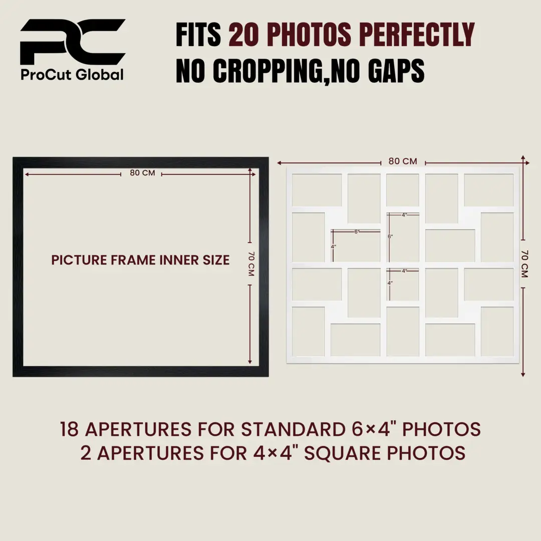 80x70cm Matte Black Modern Multi Aperture Photo Frame Holds 6x4" (x18) & 4x4" (x2) Photos With Ivory Mount | Modern Collage Frame thumbnail 3
